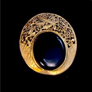 Vintage Large Gold Tone Black Glass Enamel Brooch